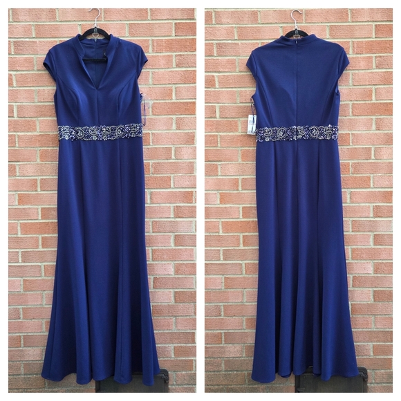 Alex Evenings Mandarin Split Neck Collar Navy Gown Encrusted Waist Mermaid Sz 12 - Picture 1 of 5